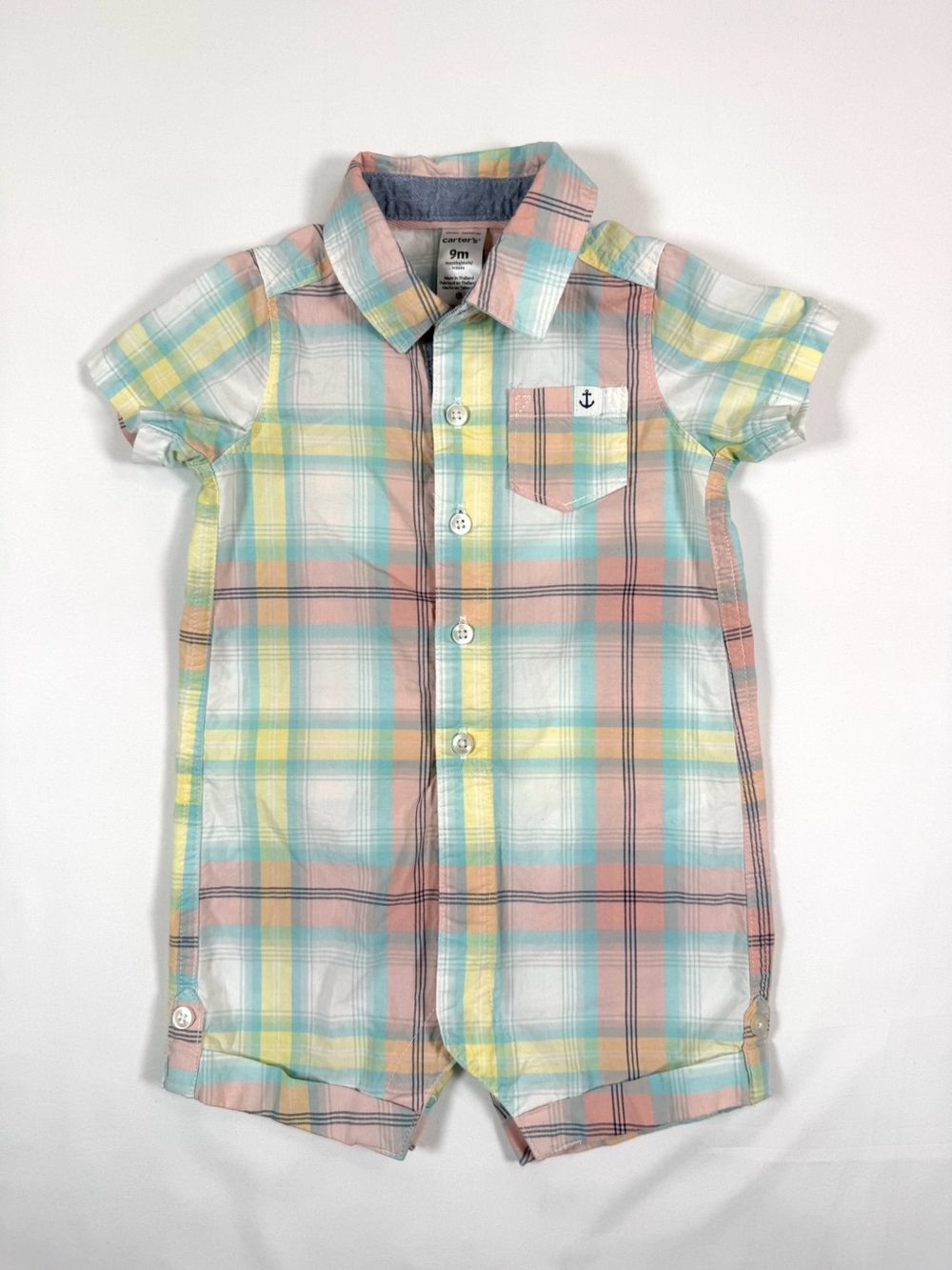 CARTERS Boys Plaid‎ Button Up Romper Size 9M Preppy Pastel Easter Spring Classic